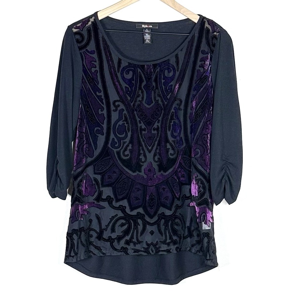 Womens Velvet Burnout Top Womens M Black Purple Sheer Front Whimsigoth Witchy